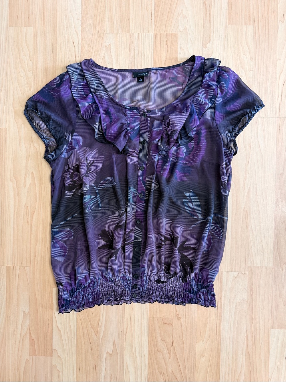 East 5th Sheer Purple Floral Ruffle Short-Sleeve Blouse